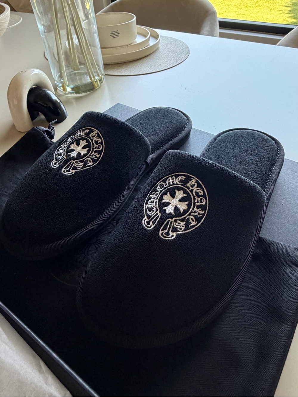 Chrome Hearts Black Slippers with White Embroidered Crest